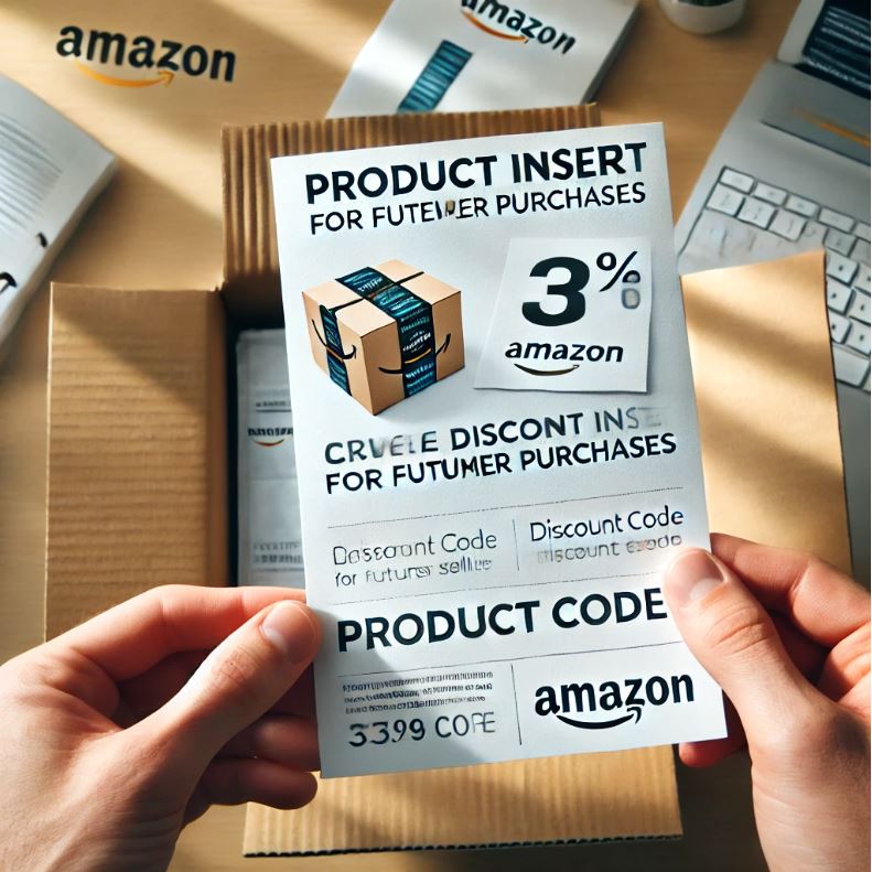 A flat lay image of an Amazon package being unboxed, highlighting a product insert card with a discount code. The image suggests professional packaging strategies that drive cross-selling and encourage repeat purchases.