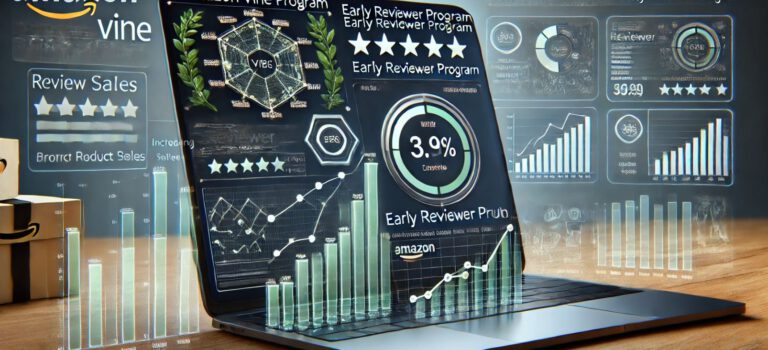 A dynamic laptop screen displaying the Amazon Vine Program and Early Reviewer Program dashboards. It features key metrics like review counts, growth