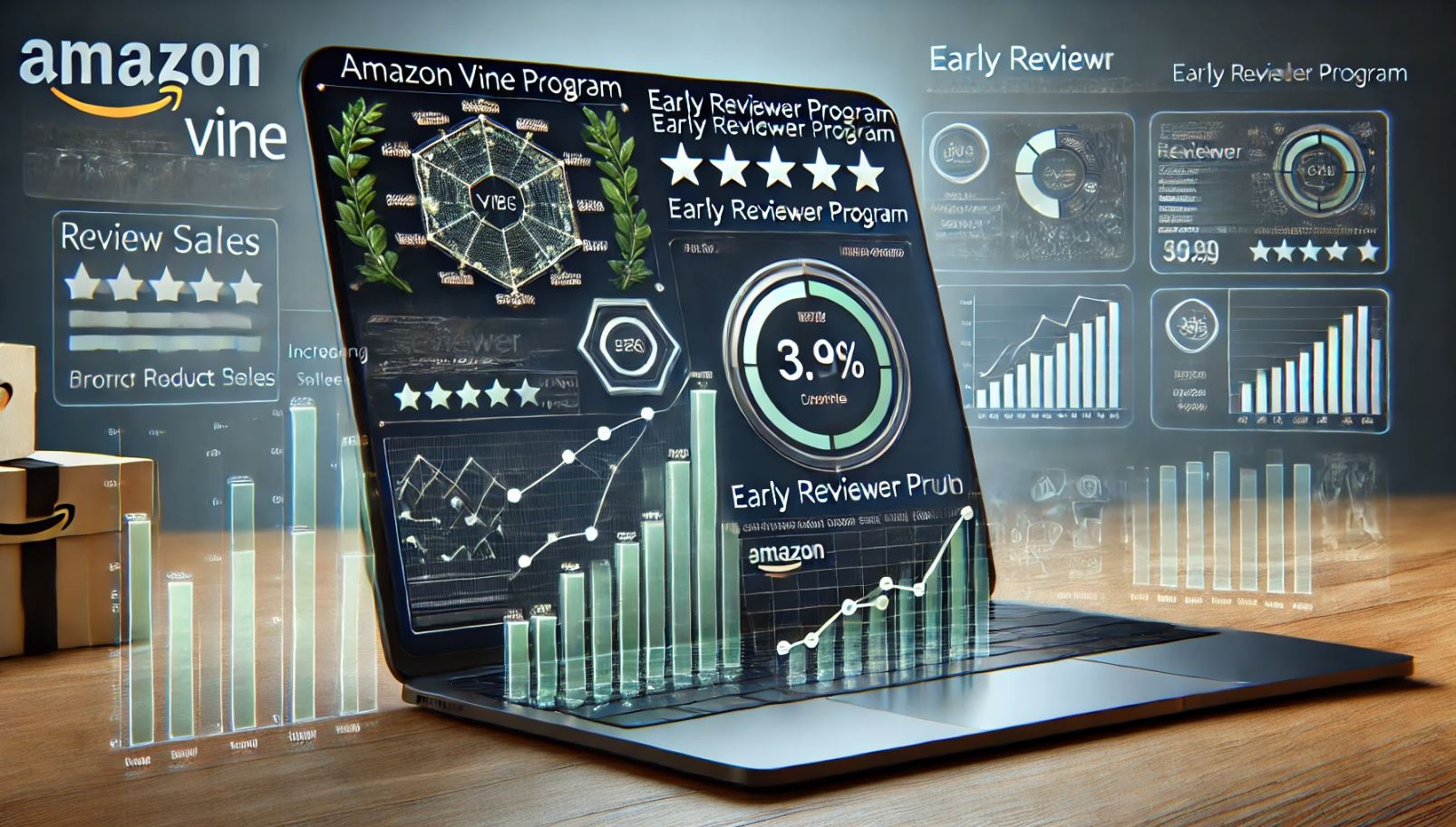 A dynamic laptop screen displaying the Amazon Vine Program and Early Reviewer Program dashboards. It features key metrics like review counts, growth