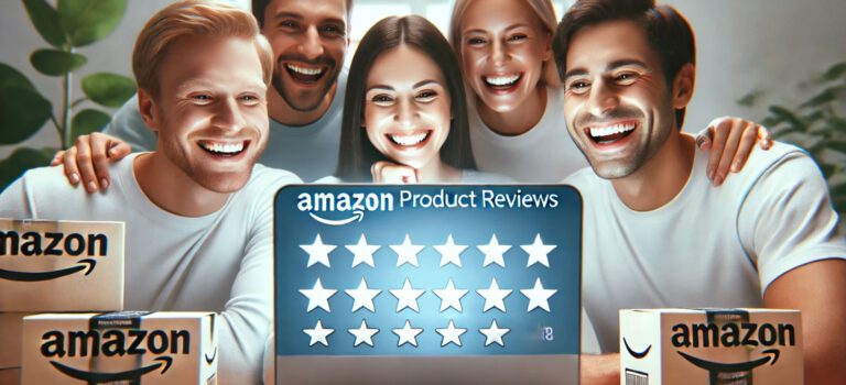 A friendly scene featuring smiling white individuals interacting with Amazon product reviews on a laptop. The image shows them happy as they read and