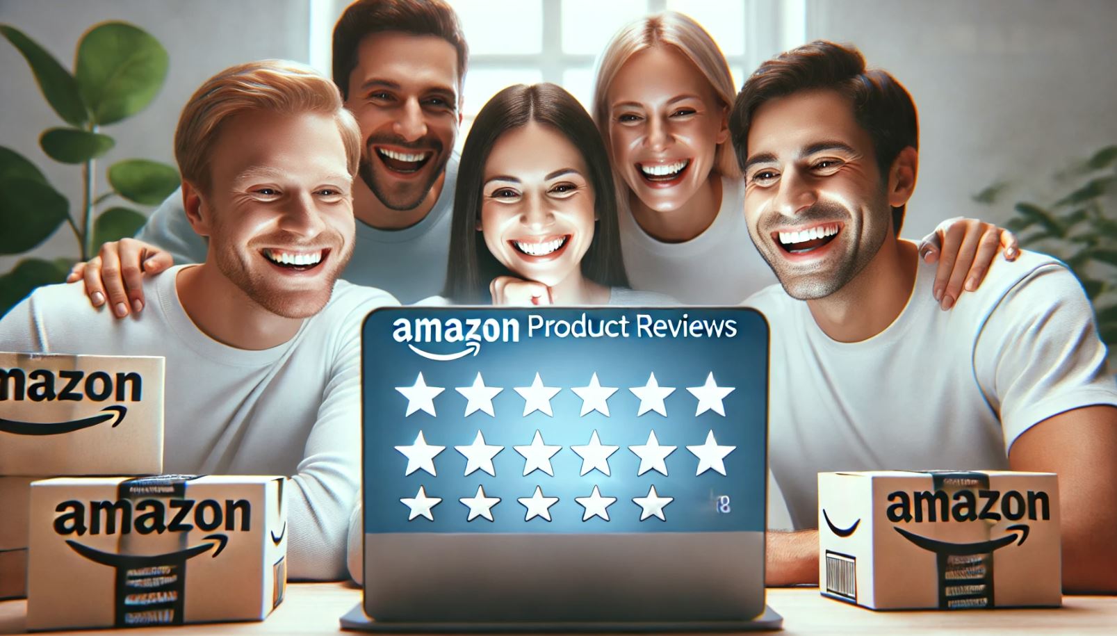 A friendly scene featuring smiling white individuals interacting with Amazon product reviews on a laptop. The image shows them happy as they read and