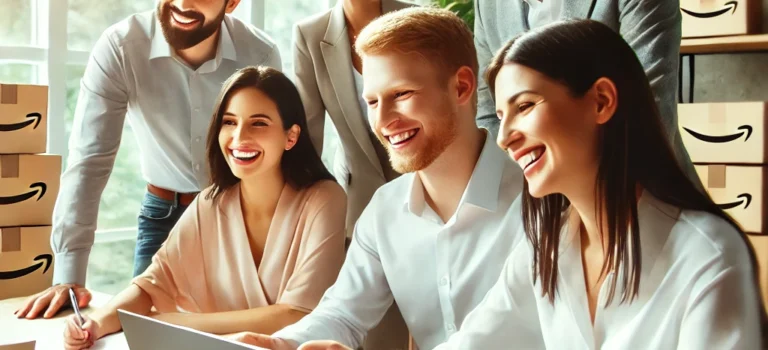 A group of white individuals in a bright, modern workspace, collaborating around a laptop with smiles, discussing business strategies and taking notes, exuding a sense of teamwork, positivity, and enthusiasm for starting an Amazon business.