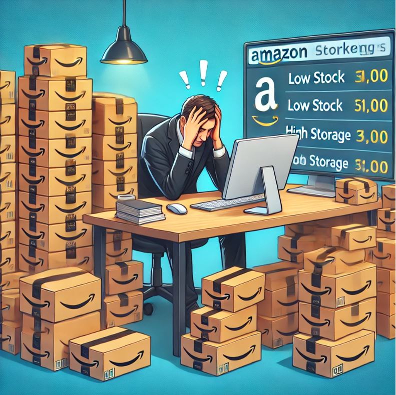 Amazon seller overwhelmed by inventory boxes with a computer screen showing low stock warnings and storage fees, highlighting the importance of effective inventory management to avoid stockouts and overstocking.