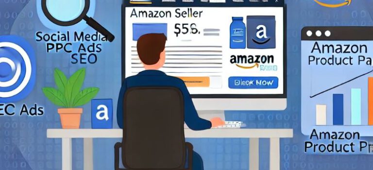 Amazon seller surrounded by digital marketing tools like social media, PPC ads, and SEO graphs, emphasizing the importance of effective marketing strategies to increase visibility and sales on Amazon.