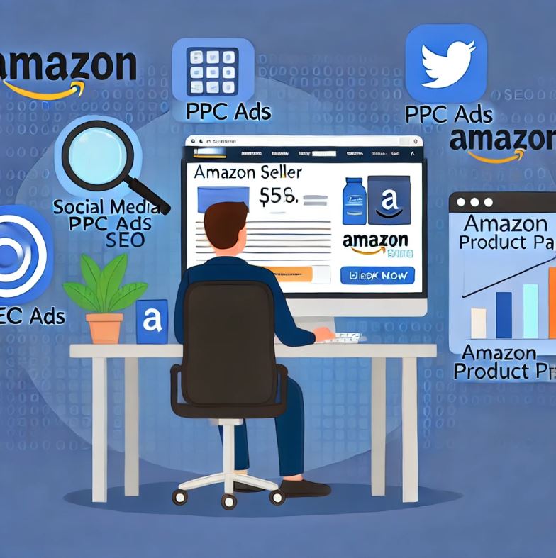 Amazon seller surrounded by digital marketing tools like social media, PPC ads, and SEO graphs, emphasizing the importance of effective marketing strategies to increase visibility and sales on Amazon.