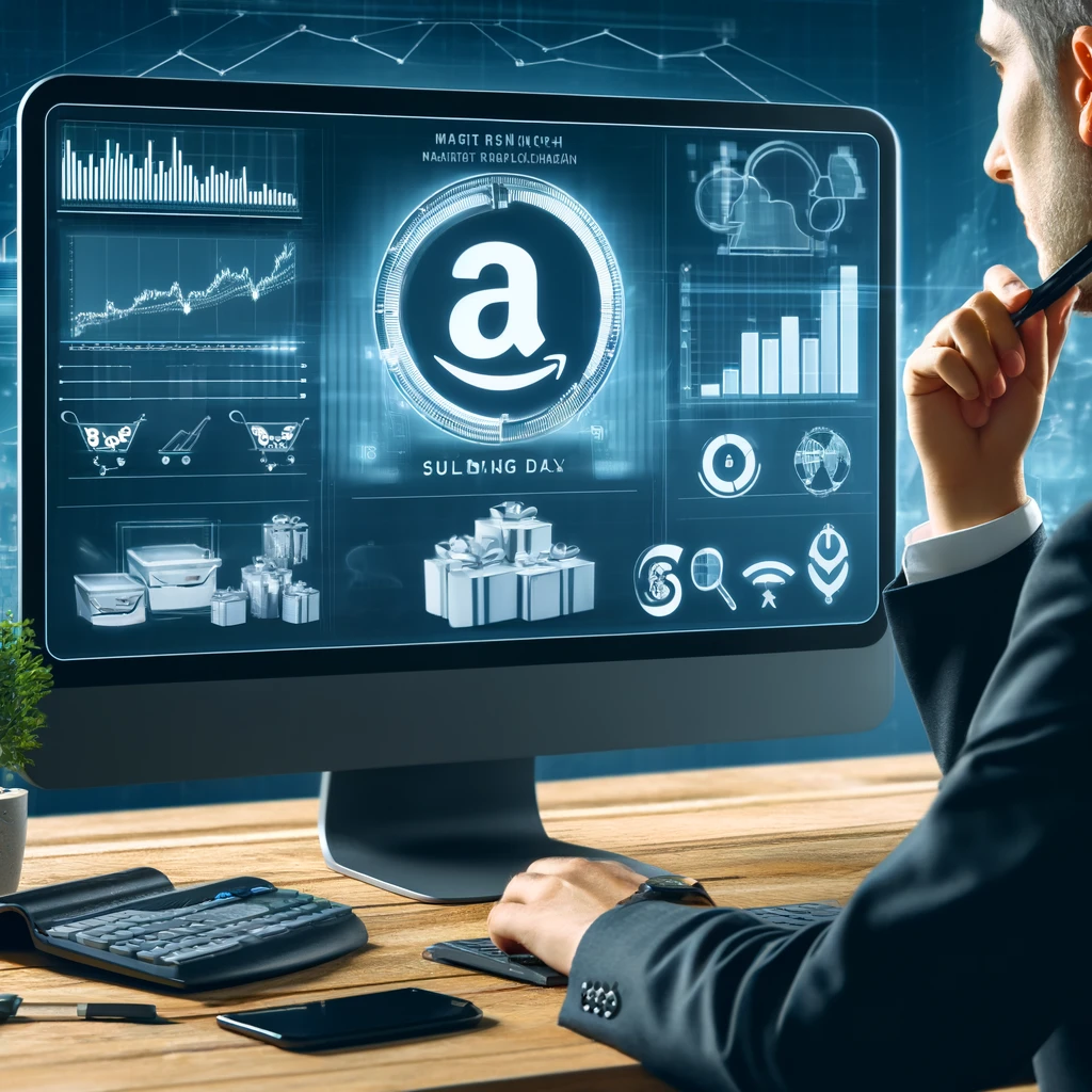 an Amazon seller analyzing market data on a computer screen, surrounded by graphs, charts, and product images