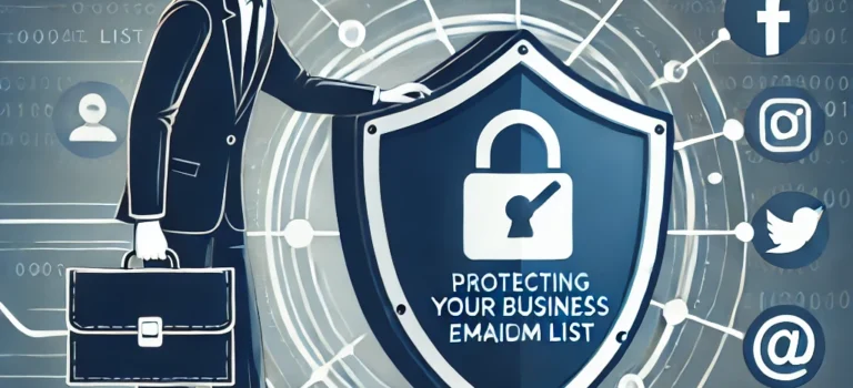 A businessperson holding a shield symbol, securing a list, with social media icons fading in the background, representing protection from algorithm changes by building a reliable email list.