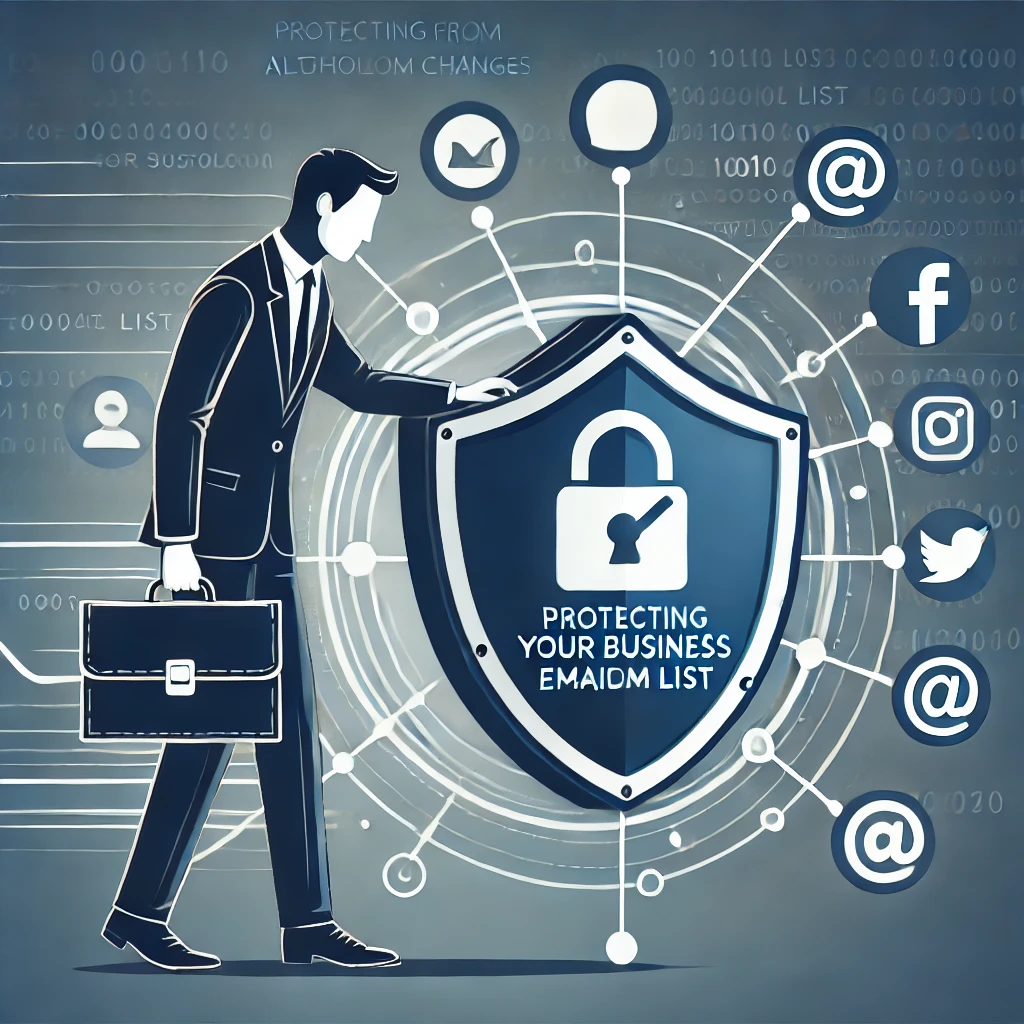 A businessperson holding a shield symbol, securing a list, with social media icons fading in the background, representing protection from algorithm changes by building a reliable email list.