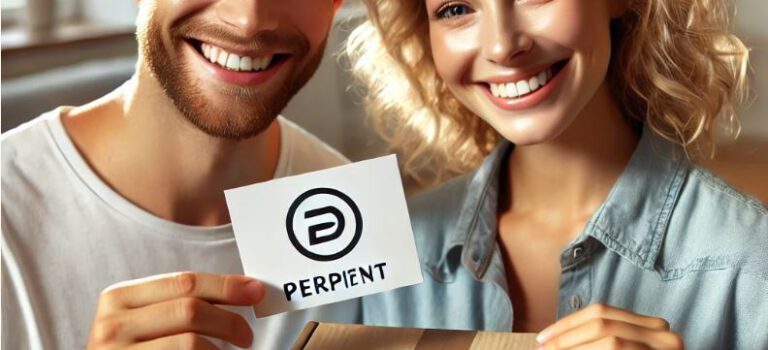 A cheerful couple unboxing an Amazon package at home, smiling as they hold a product insert card. The insert includes a discount code, highlighting strategies like Amazon product inserts and incentives for repeat purchases, designed to boost customer loyalty and increase sales for online sellers.