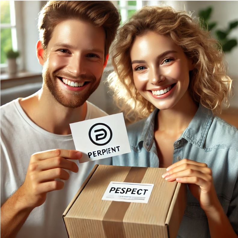 A cheerful couple unboxing an Amazon package at home, smiling as they hold a product insert card. The insert includes a discount code, highlighting strategies like Amazon product inserts and incentives for repeat purchases, designed to boost customer loyalty and increase sales for online sellers.