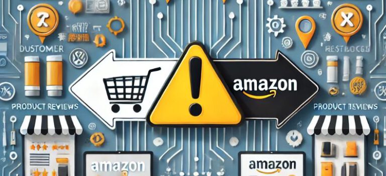 A stylish and professional illustration of an Amazon marketplace, featuring a warning symbol like a yellow exclamation mark to highlight common mistakes. It contrasts a successful Amazon seller with a struggling one, showcasing differences like well-organized vs. cluttered product listings. The scene should have clear, clean elements that represent digital e-commerce, including icons for inventory, customer reviews, and marketing strategies