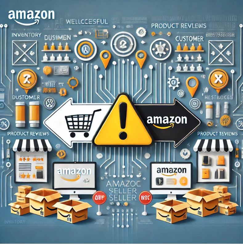 A stylish and professional illustration of an Amazon marketplace, featuring a warning symbol like a yellow exclamation mark to highlight common mistakes. It contrasts a successful Amazon seller with a struggling one, showcasing differences like well-organized vs. cluttered product listings. The scene should have clear, clean elements that represent digital e-commerce, including icons for inventory, customer reviews, and marketing strategies