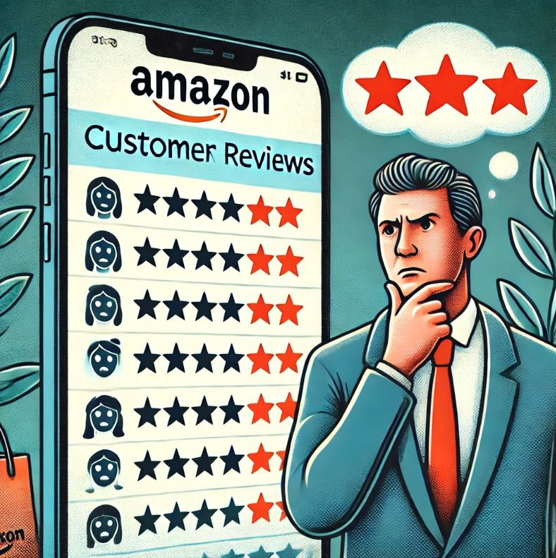 Amazon product page with mixed customer reviews, showing a seller ignoring the feedback, highlighting the importance of addressing reviews to boost sales and brand reputation.